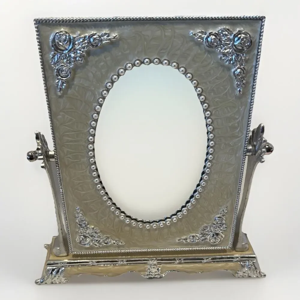 Ornate Vanity Swing Mirror Enamel Jewels Metal Frame Heavy Base Free Stand